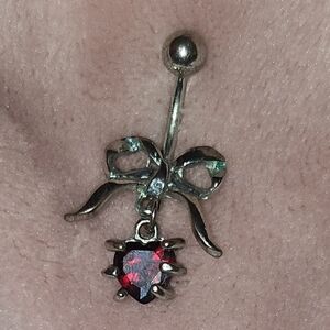 Silver Bow Belly Button Ring with Red Heart Gem